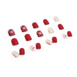 Xmas Short Press on Nails Cute Reindeer Square Fake Nails Red Snowflake Painting Short Nails Glossy Christmas False Nails with Glod Foil Designs Christmas Red Glue on Nails for Women Girls
