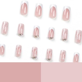 24Pcs Nude French Press on Nails Square Medium Glossy Full Cover Acrylic Coffin False Nails with Rhinestone Designs Artificial Natural Fake Nails with Glue Stick on Nails for Women Girls