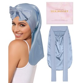 AWAYTR 100% Mulberry Silk Bonnet - Long Hair Cap for Sleeping Tie Band Bonnet for Braids Curly Hair (Haze Blue)