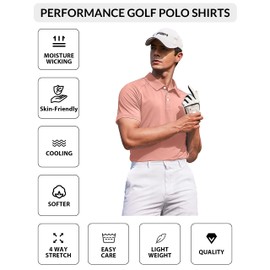 PINSPARK Mens Polo Shirts Short Sleeve Casual Solid Stylish Dry Fit Performance Designed Collared Golf Polo Shirts for Men Pink-L