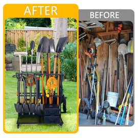 LCMWHOP Garden Tool Organizer - Heavy Duty Garage Storage and Organization with Wheels - Large Garden Tool Storage Holder for Lawn Yard Patio Shed,Garage Shovel Rack