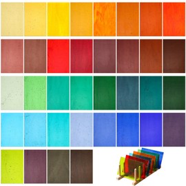Layhit 36 Sheets Variety Stained Glass Sheets Pack 4 x 6 Inch Cathedral Art Glass Supplies Mosaic Glass Tiles for Crafts Bright Color Iridescent Glass Sheets for DIY Home(Assorted Color)
