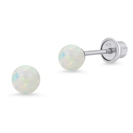 925 Sterling Silver Rhodium Plated 3mm Simulated Opal Screwback Baby Girls Earrings