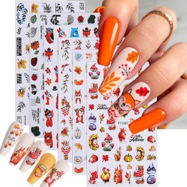 6 Sheets Fall Nail Stickers for Nail Art,3D Maple Leaf Nail Decals Self-Adhesive Mushroom Fox Squirrel Nail Design Stickers Autumn Pumpkin Nail Art Stickers for Women Girls Thanksgiving Nail Decor