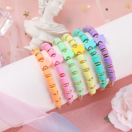 Candy Color Beaded Bracelets for Women Cute Stackable Clay Bear Friendship Bracelets Colorful Beads Stretch Preppy Bracelets Elastic Heishi Surfer Bracelets Set Summer Beach Boho Jewelry Gift for Her