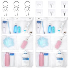 F-color Mesh Shower Caddy Hanging - Quick Dry Shower Organizer, 7 Pockets Bathroom Organizer Bag Tote for Cruise Ship Essentials, Shampoo, Soap, Loofah, White, 2 Pack