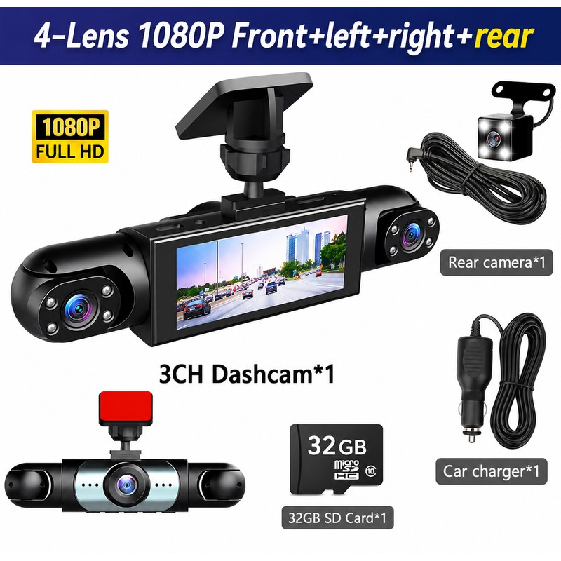 Multi-Lens Dash Cam for Vehicle Recording – 1080P Front, Side