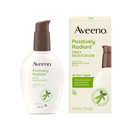 Aveeno Positively Radiant Daily Facial Moisturizer with Broad Spectrum SPF 15 Sunscreen & Total Soy Complex for Even Tone & Texture, Hypoallergenic, Oil-Free & Non-Comedogenic, 4 fl. oz