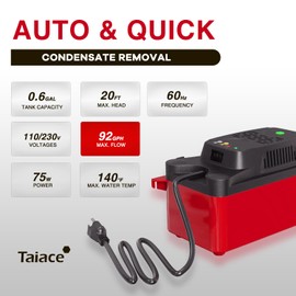 Taiace 230V Condensate Pump for HVAC & Boilers - 92GPH, 20ft Lift, Auto Safety Switch w/ 20FT Tubing & 2 x Clamps