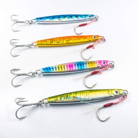 Orurudo Fishing qb100143 Metal Jig F, 8 Sizes: 0.5 oz (15 g), 0.9 oz (25 g), 1.4 oz (40 g), 2.1 oz (60 g), 2.8 oz (80 g), 3.5 oz (100 g), 4.2 oz (120 g), 5.3 oz (150 g), with Assist Hooks, Silver Hooks, Red Hooks Poorly Visible to Fish, Suitable for All 
