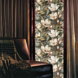 Vintage White Magnolia Floral Green Leaf Stained Glass Window Films Decorative Double-Side Privacy Film Self-Adhesive Static Glass Clings Stickers for Living Room Bathroom Glass Windows Decor