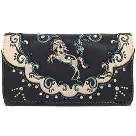 Zelris Western Mustang Horse Turquoise Women Crossbody Wrist Trifold Wallet (Black)