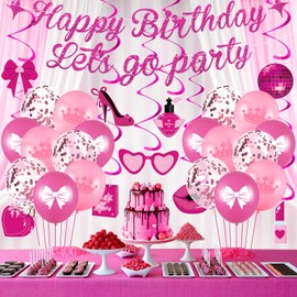 Pink Birthday Party Decorations Hot Pink Happy Birthday Banner Let’s Go Party Banner Decorations Pink Latex Balloons Hanging Swirls for Girls Women Princess Birthday Baby Shower Bachelorette Party