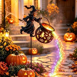 Halloween Witch Cauldron Garden Light,Colorful Waterfall-Style Enchanted Witch Light Garden Stake,for Yard Lawn Patio Halloween Decorations Outdoor