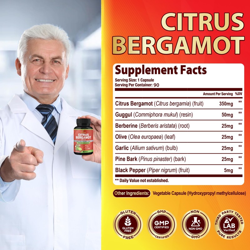 Organic Cadane Citrus Bergamot Supplement Extract Capsules, 90 Capsules &