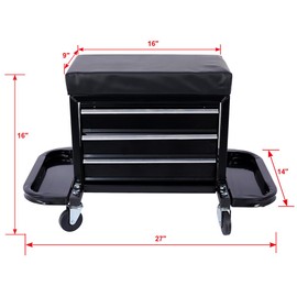 3-Drawer Rolling Tool Chest with Side Tool Trays, Mechanic Roller Seat with Wheels, 350 LBS Capacity Padded Mechanic Stool for Home, Garage, Workshop, Black