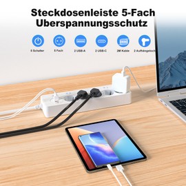 TANXIS Steckdosenleiste 5 Fach Einzeln Schaltbar, Mehrfachsteckdose mit 2 USB A & 2 USB C, Verteilersteckdose 5 Fach mit Schalter, Steckdosenleiste Wandmontage mit 2M Verl?ngerungskabel, PD 20W - Wei?