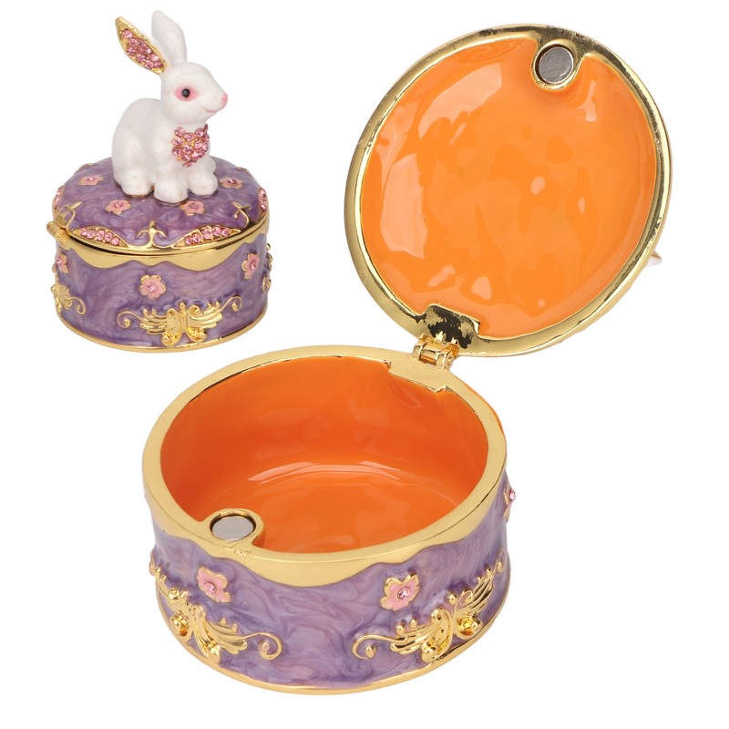 Rabbit Trinket Box Vintage Metal Enamel Antique Floral Engraving Pattern