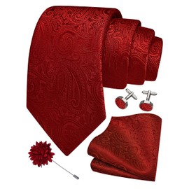 Gusleson Mens Red Wedding Tie Solid Paisley Necktie Pocket Square Cufflinks and Lapel Pin Brooch Set (UK6103-05)