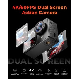4K 60FPS Touchscreen Action Camera, Waterproof Camera with 64GB SD Card 8X Zoom 24MP Underwater Camera 131FT Sports Cameras 170° WIFI Cameras with 2*1350mAh Batteries Helmet Accessories Kit