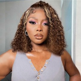 yuccy #4/27 Highlight Curly BOB Wig Human Hair 13x4 HD Lace Front Wigs Pre Plucked Deep Wave Human Hair Colored Wigs Human Hair Bob Wig for Black Women 250 Density wigs (Brown, 12inch)