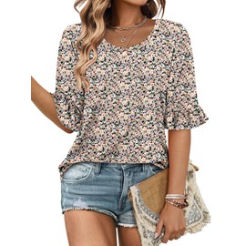 Magritta Womens Half Sleeve Summer Cute Boho Tops Casual Blouse Basic Crew Neck T Shirts Ladies Oversized Summer Tee Tops Floral Yellow XX-Large