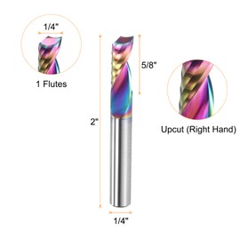 HARFINGTON Spiral Router Bit 1/4" Cut Dia 1 Flute Up Cut Colorful Coated End Mill Bits Milling Cutter for Wood Carving (1/4" Shank 5/8" Cut Length 2" Long 30 Degree Helix HRC44-46)