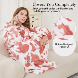 Viviland Blanket Hoodie Wearable Blanket Oversized Super Soft Warm, Gifts for Women Men Teen gifts, Pink Cow Print