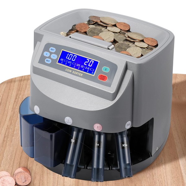 Frifreego US Coin Counter, Auto Coin Sorter/Wrapper/Roller Machine for Coins 1¢, 5¢, 10¢, 25¢, 1 Dollar, Max. Counting Speed 250 Coins/min, with Coin Bins&Tubes and Coin Roll Wrappers
