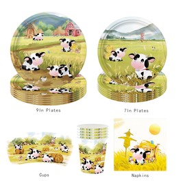 142Pcs Cow Party Supplies Include Disposable Paper Plates-Cups-Paper Napkins-Forks-Knives-Tablecloth for Cow Birthday Party Decorations Serves 20 Guests