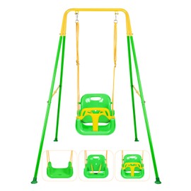 3-in-1 Toddler Swing Set, Indoor & Outdoor Baby Swing Heavy Duty Swing Set with Foldable Metal Stand for Aged 6 Months to 10 Years Old, Easy to Assemble and Store (Green)