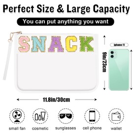 Bolso de chenilla transparente con letras, bolsa transparente con cremallera y pulsera, Blanco, Snack