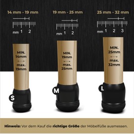 MARA WOHNHELFER® 16 x Round Chair Leg Caps with 360° Reinforced Felt, Chair Leg Protectors, Protective Caps, Felt Gliders for Chairs (Black, Small, Size S, 14-19 mm)