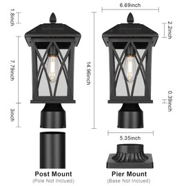 Treekee Solar Post Light Outdoor, Rustic Black Pier Mount Lantern with Clear Glass, Waterproof LED Solar Powered Lamp for Fence Patio Garden, Auto On Off Dusk to Dawn, Bulb Included