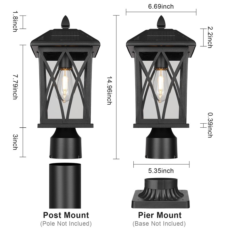 Treekee Solar Post Light Outdoor, Rustic Black Pier Mount Lantern