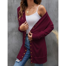 Halife Women's Long Sleeve Cardigans Business Casual Sweater Cardigan Closure Button Knitwear Burgundy Long Cardigans S