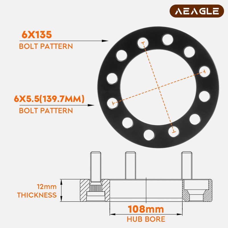 AEagle 12mm Wheel Spacers 6x5.5/6x135 Hub Bore 108mm 6 Lug