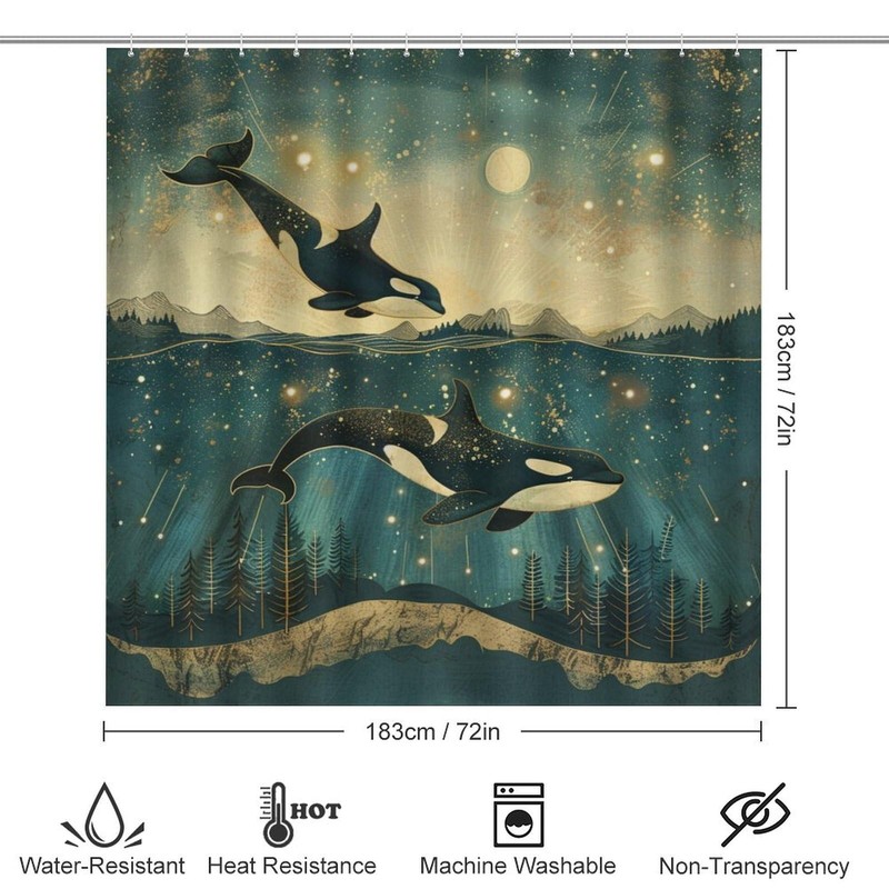 TOWINSFB 4Pcs Underwater Orcas Whale Shower Curtain, Starry Sky Star