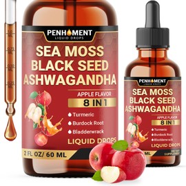 Penhoment 8in1 Sea Moss Liquid Drops with Black Seed, Ashwagandha, Burdock Root & Bladderwrack - Apple Flavor - Gut Heath, Immune, Skin & Hair - 60 Days Supply - 2 FL OZ