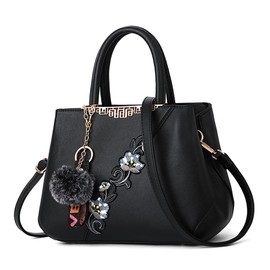 VARLIVOO Women's Handbag Shoulder Bag Floral Pattern Women Shoulder Bag Pom Pom Decoration Shopper Bags Women's Crossbody Bag Waterproof PU, Black C+ Pom Pom Decorations, Classic
