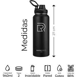 Raganet, Termo de Acero Inoxidable Doble Pared de 940ml, Botella de Agua Termica con 2 Tapas, Mantiene Agua Fría 24 horas y Caliente 12 horas, Tapa