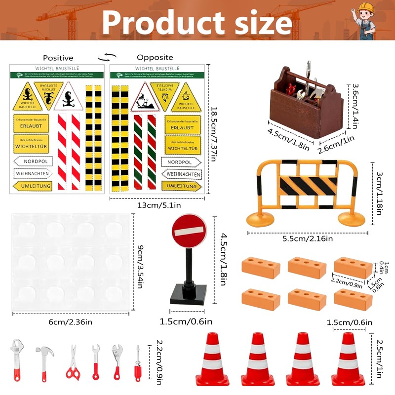 21 Piece Gnome Construction Site Set, Gnome Accessories Construction Site,