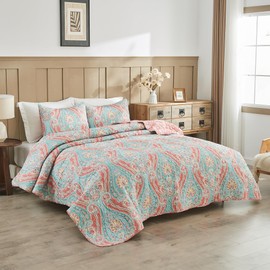 NIUDÉCOR HOME Vibrant Boho Quilt Queen Size Reversible Bohemian Striped Bedspread Comforter Microfiber Coverlet Bedding Set with Pillow Shams