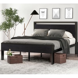 SHA CERLIN 14 Inch Queen Size Metal Platform Bed Frame with Wooden Headboard and Footboard, Mattress Foundation, No Box Spring Needed, Large Under Bed Storage, Non-Slip Without Noise, Black Oak