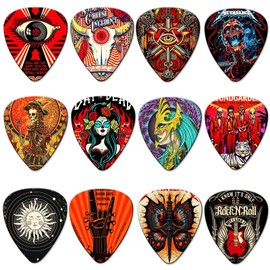 Guitar Plectrums, Pack of 12 Thin, Medium, Heavy and Extra Heavy Plectrum with Tin Box, Guitar Picks for Acoustic Guitar, Electric Guitar, Ukulele, Bass, Guitar, Celluloid - Guitar Lovers Gift