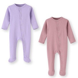 BINIDUCKLING Baby Popper Pyjamas with Foot, with Mittens Cuffs, Cotton - Long Sleeve Baby Romper Baby Pyjamas for Boys Girls 0-12 Months, Pack of 2 / 1 Pack, Purple & Pink