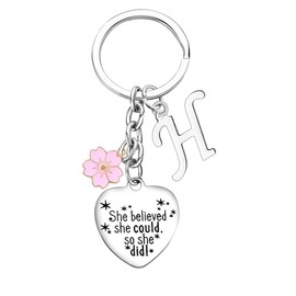 Inspirational Gift Initial Keychain For Women Friends Keyrings With Pink Flower 26 Letter Alphabet Keychain For Her Graduation Christmas Birthday Gifts for Daughter Sister (H)