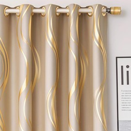 MYRU 1 Pair Khaki Blackout Curtains for Bedroom, Luxury Striped Curtains for Living Room(Khaki and Gold, 2 Panels 54 x 84 Inch)