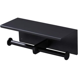 Double Toilet Paper Holder with Shelf Wall Mounted Commercial Phone Holder Double Toilet Paper Roll Holder Stainless Steel Toilet Tissue Holder Dispenser (Matte Black)