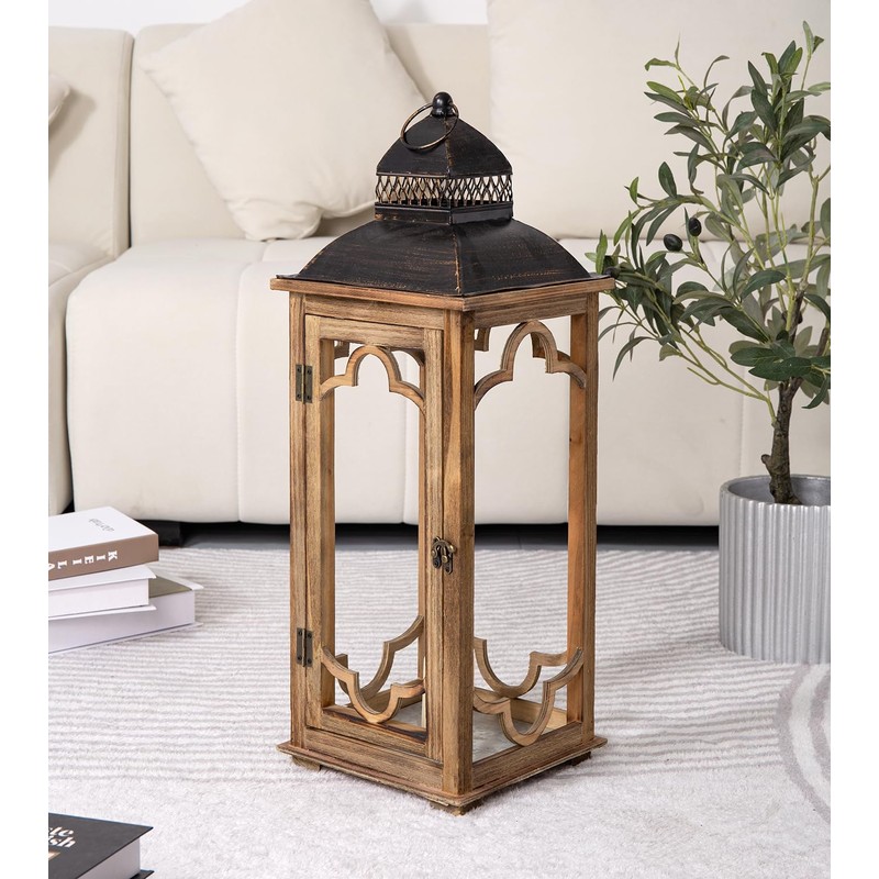 Large Farmhouse Decorative Wooden Lantern Set of 2, Rustic Brown